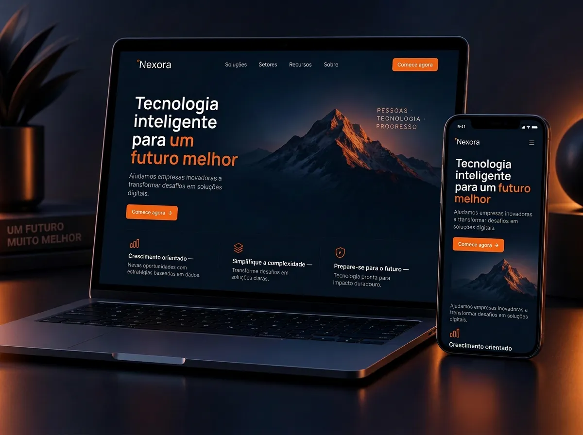 Site profissional exibido em notebook e smartphone